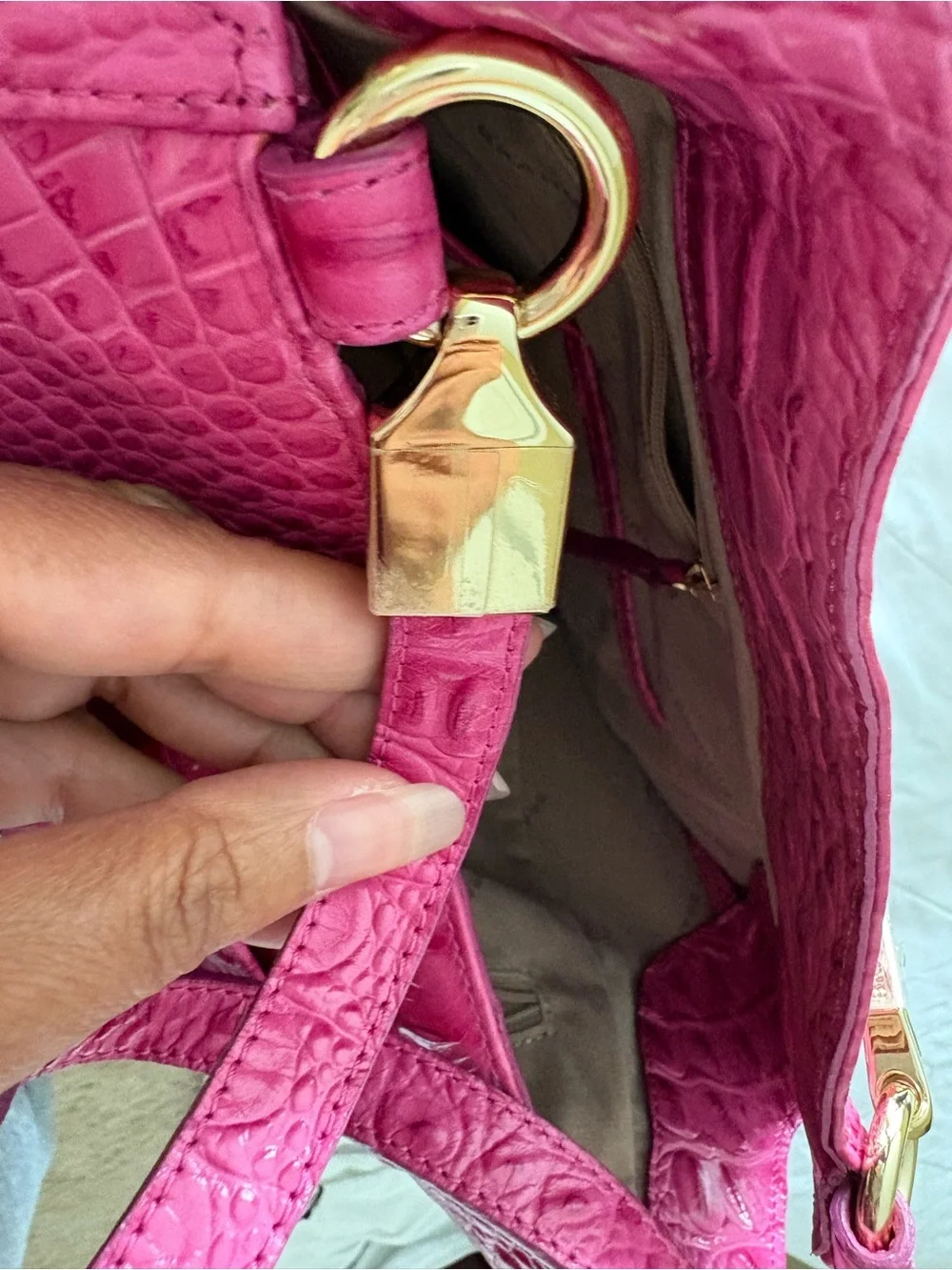 Brahmin Hot Pink Croc-Embossed Hobo with Gold Hardware